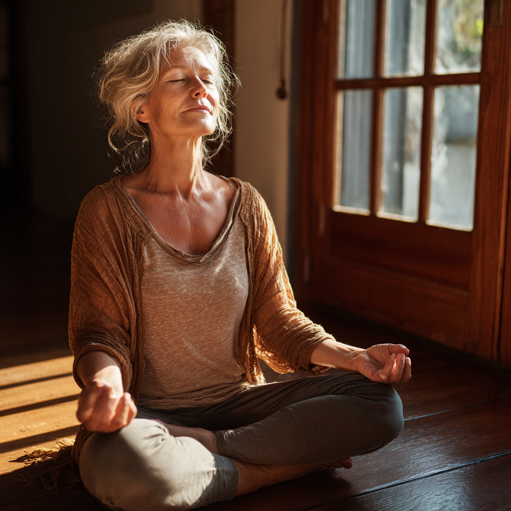 peaceful mature woman practicing yoga meditation in natural light