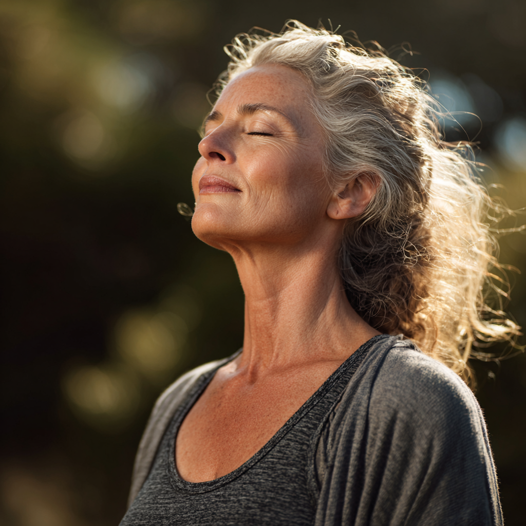 serene mature woman in yoga pose outdoors with natural lighting